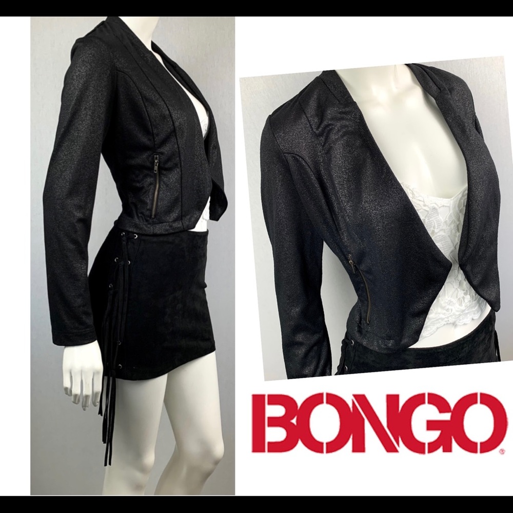 Metallic Black Pointed Hem Zippered Moto Jacket